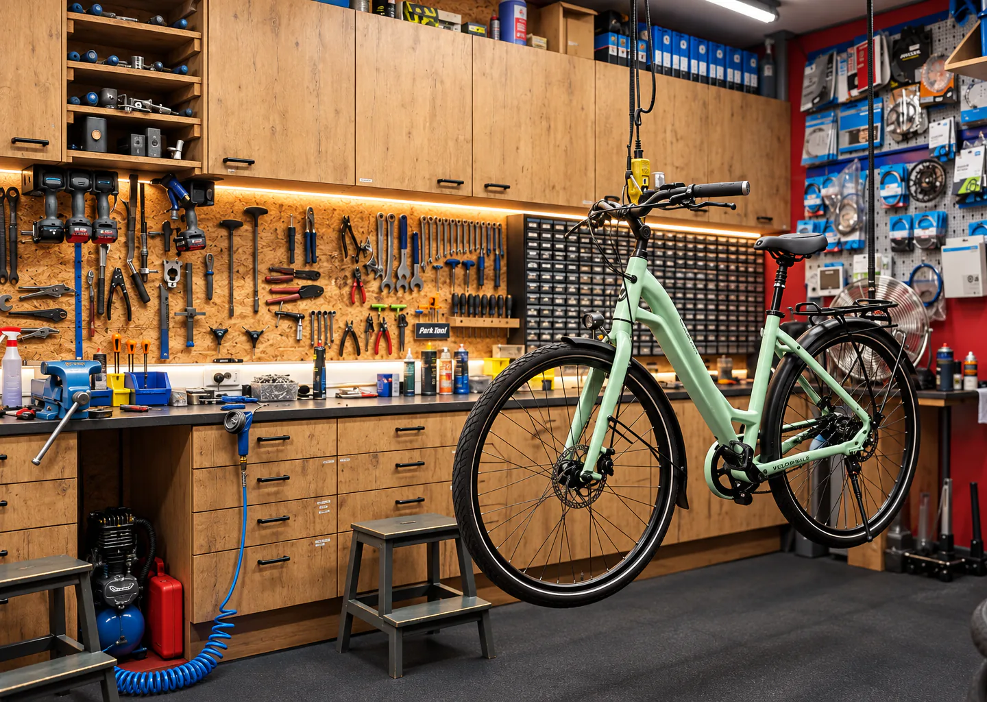 Fiets aan de werkstandaard in de werkplaats van De Velomaker