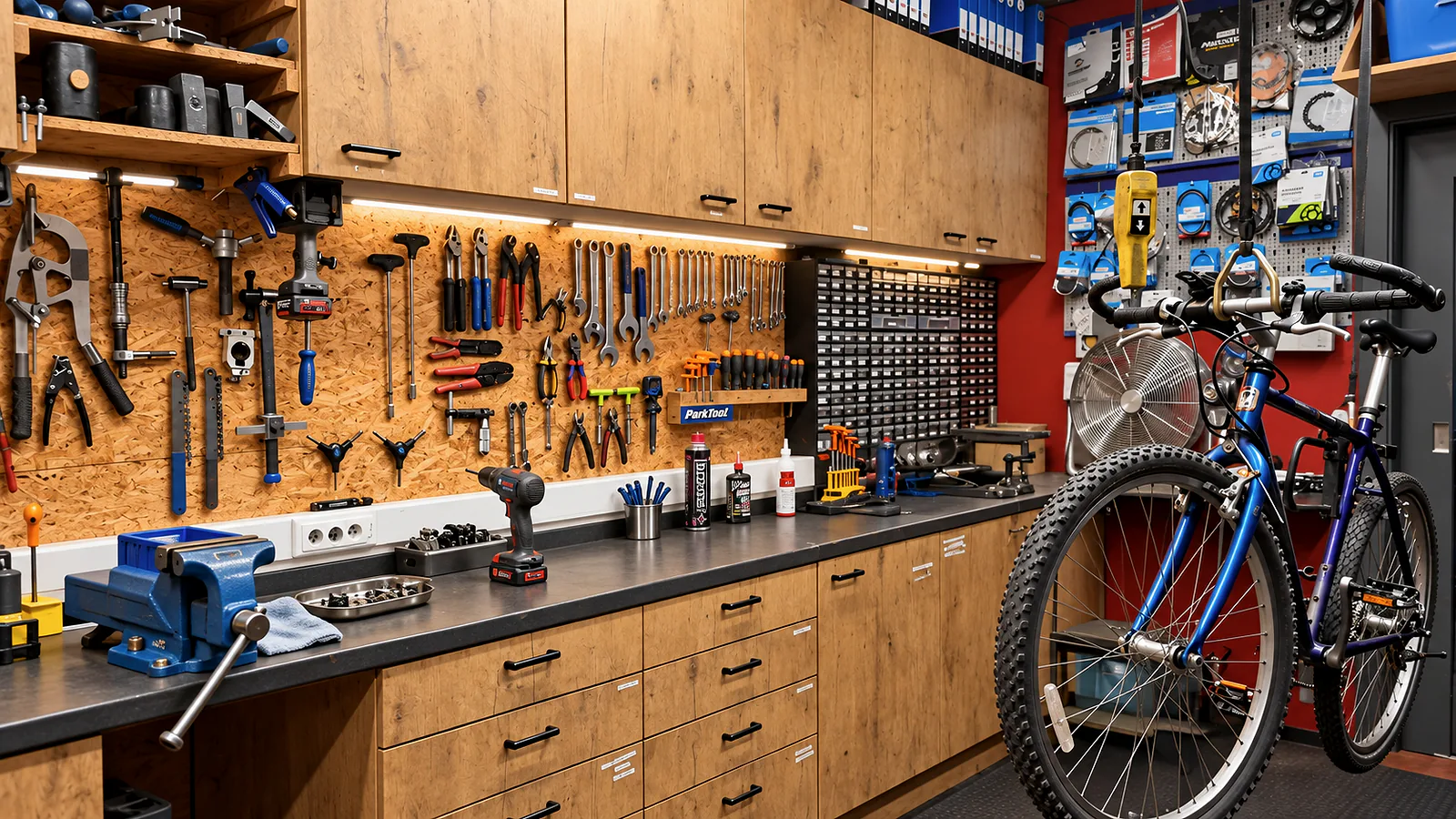 Werkbank met fietsgereedschap en fietsen in de werkplaats van De Velomaker